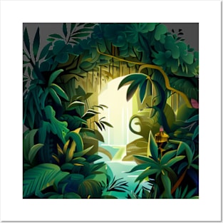 A design featuring a lush jungle scene with a hidden oasis tucked away within it. Posters and Art